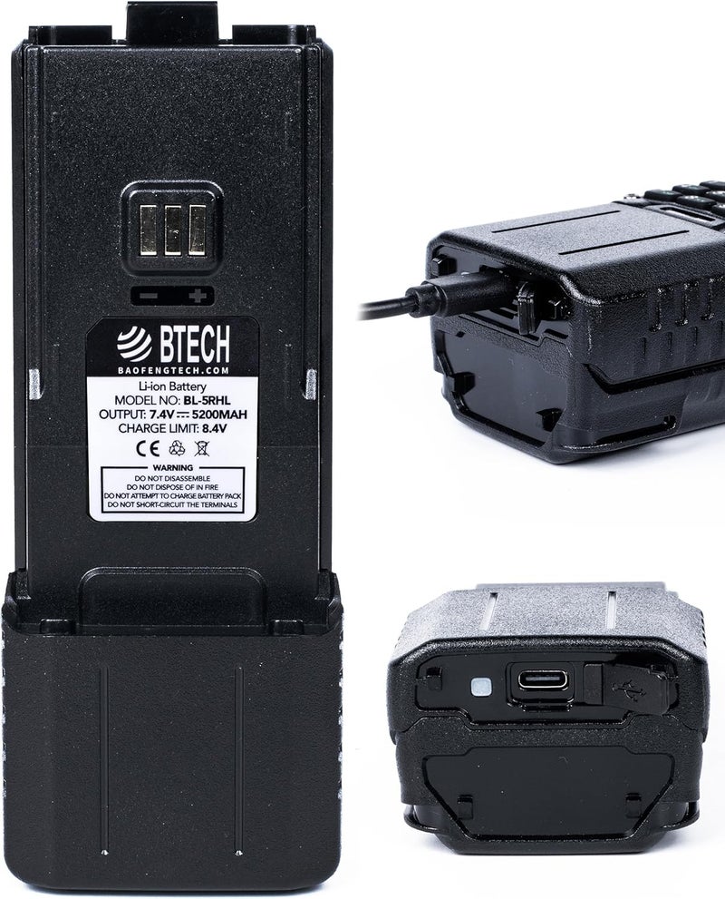 BTECH BL-5RHL 5200mAh USB-C Charging Li-ion Extended Battery Pack, High-Capacity OEM Battery for BaoFeng BF-F8HP PRO and BL-5RH Series Radios (USB-C Charging, Status LED) - Image 1